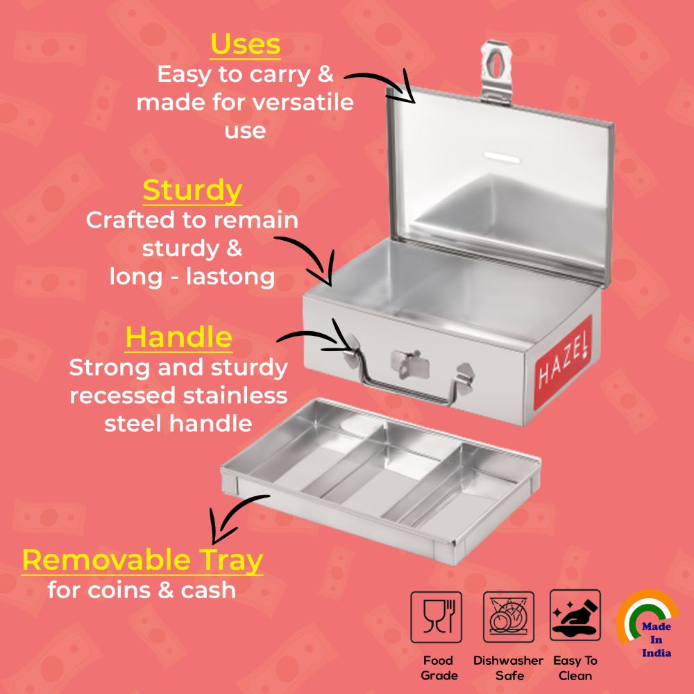 Cash box and its tray annotated with length, width and height dimensions in cm and inches.