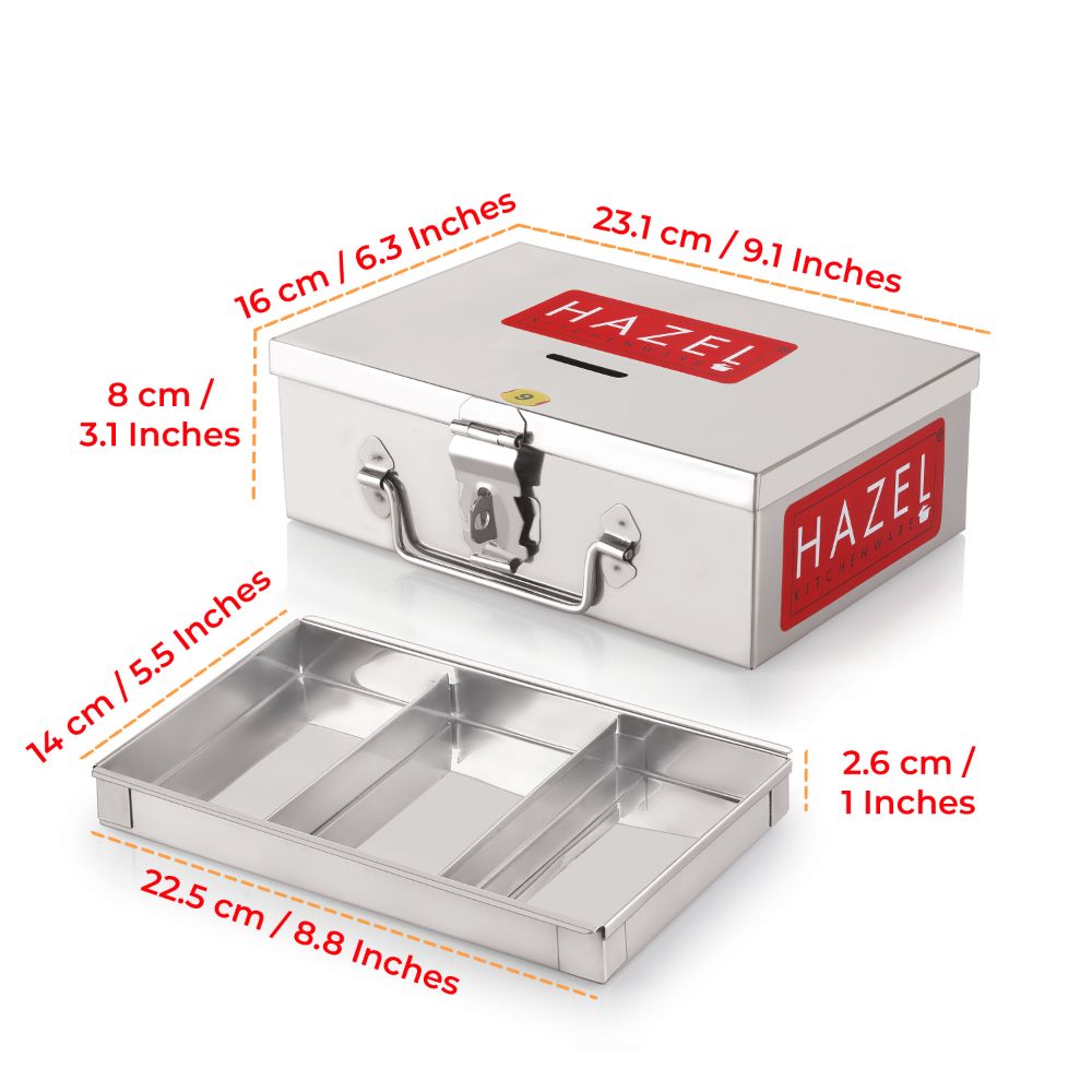 Open stainless steel cash box with its removable compartment tray placed separately below it, on a white background.