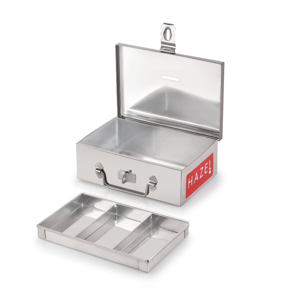 The removable four-compartment steel coin and cash tray shown alone on a white background.