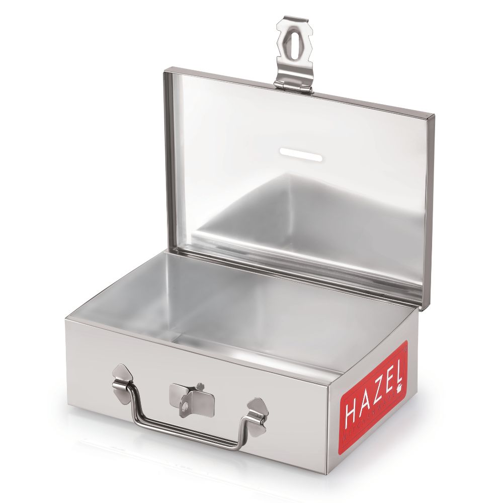 Marketing graphic on a coral background calling out versatile use, sturdiness, the recessed handle