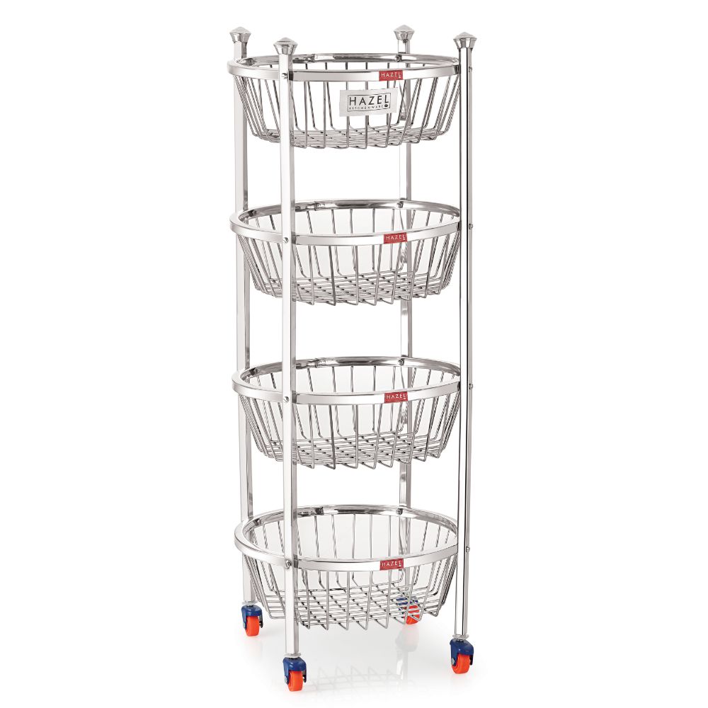 Stainless Steel 4-Layer Fruit & Vegetable Basket Trolley with Wheels, 14 x 30.6 Inches
