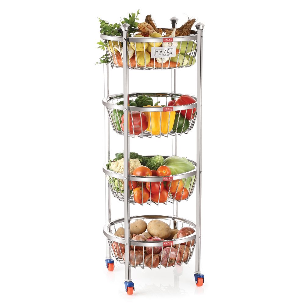 Stainless Steel 4-Layer Fruit & Vegetable Basket Trolley with Wheels, 14 x 30.6 Inches