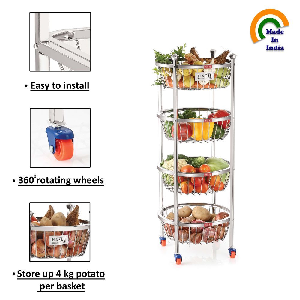 Stainless Steel 4-Layer Fruit & Vegetable Basket Trolley with Wheels, 14 x 30.6 Inches