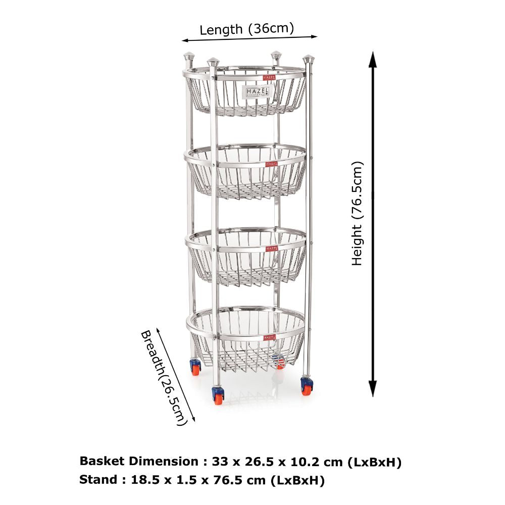 Stainless Steel 4-Layer Fruit & Vegetable Basket Trolley with Wheels, 14 x 30.6 Inches