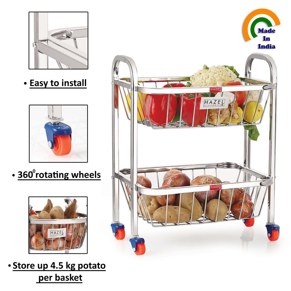 2 Layer Fruit Vegetable Basket Trolley, 14 x 18.4 Inches