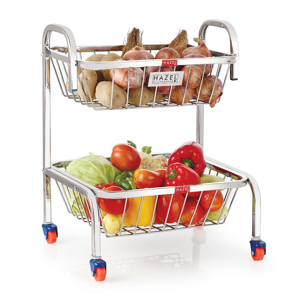 Stainless Steel 2-Layer Fruit & Vegetable Basket Trolley with Wheels, 18.2 Inches