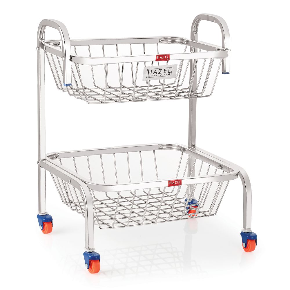 Stainless Steel 2-Layer Fruit & Vegetable Basket Trolley with Wheels, 18.2 Inches