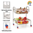 Stainless Steel 2-Layer Fruit & Vegetable Basket Trolley with Wheels, 18.2 Inches