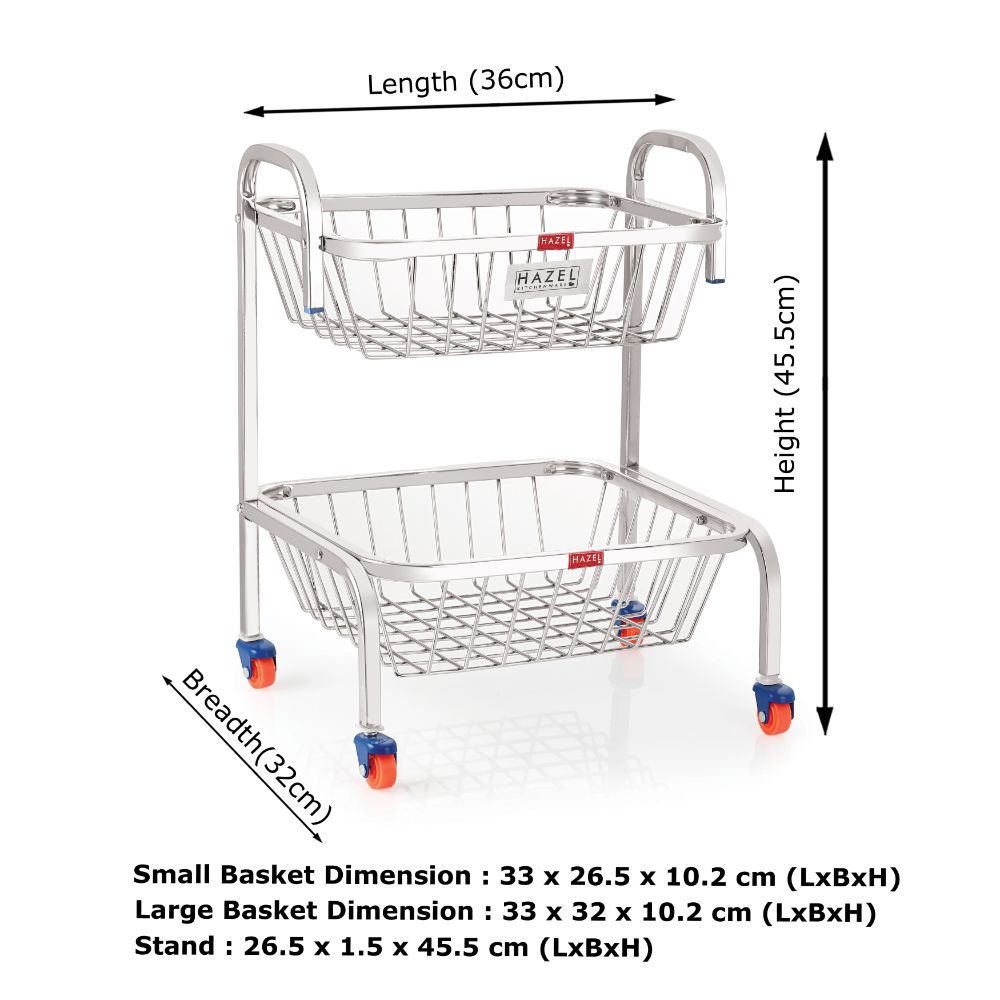 Stainless Steel 2-Layer Fruit & Vegetable Basket Trolley with Wheels, 18.2 Inches
