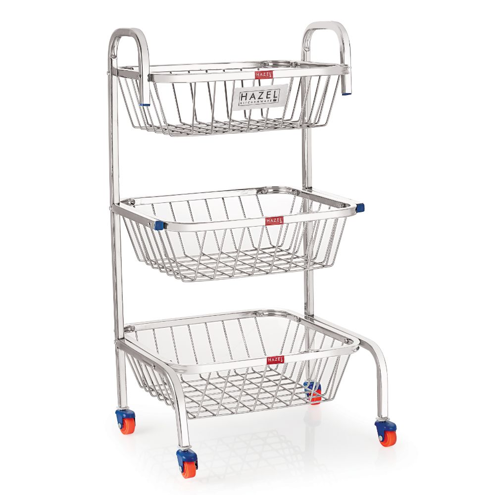 Stainless Steel 3-Layer Fruit & Vegetable Basket Trolley with Wheels, 26 Inches