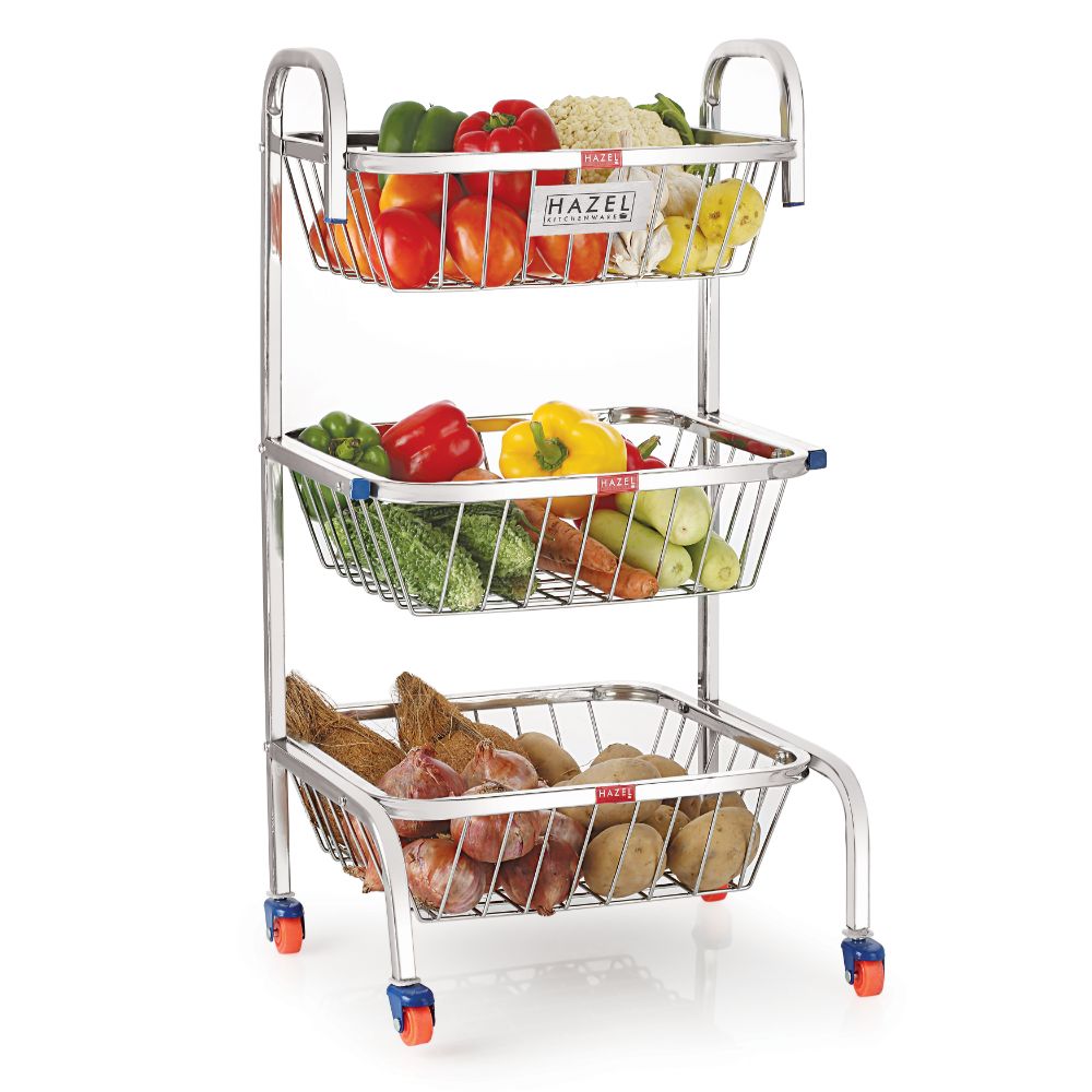 Stainless Steel 3-Layer Fruit & Vegetable Basket Trolley with Wheels, 26 Inches