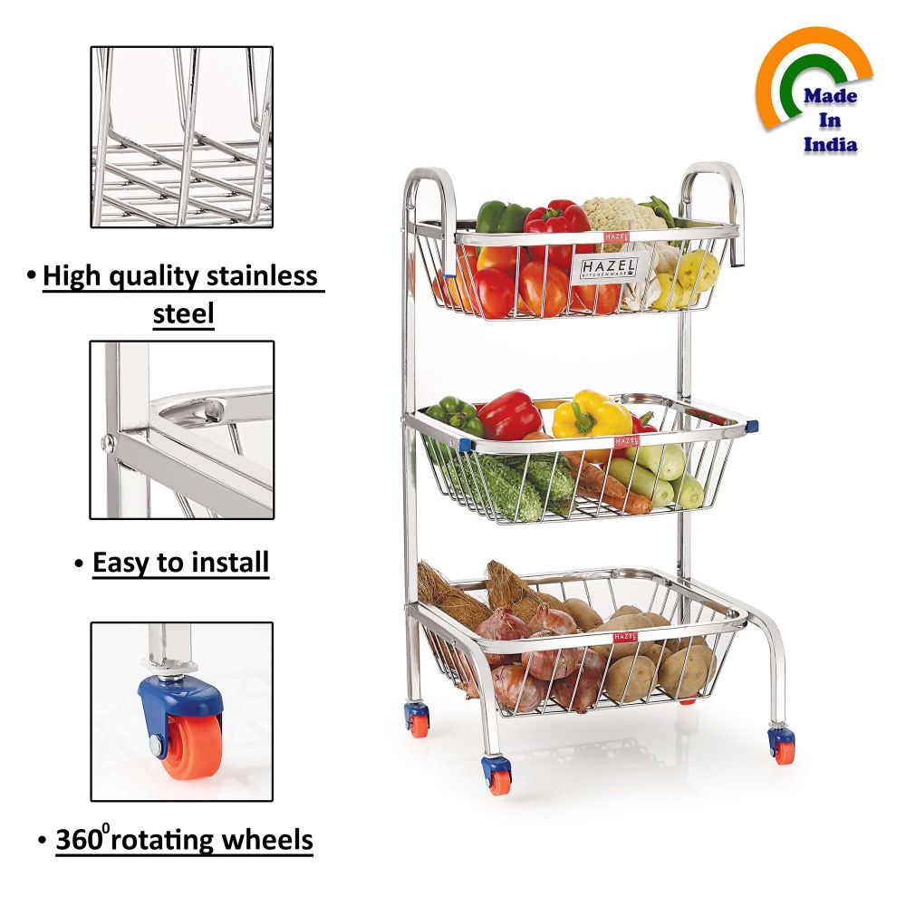Stainless Steel 3-Layer Fruit & Vegetable Basket Trolley with Wheels, 26 Inches