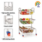 Stainless Steel 3-Layer Fruit & Vegetable Basket Trolley with Wheels, 26 Inches