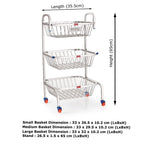 Stainless Steel 3-Layer Fruit & Vegetable Basket Trolley with Wheels, 26 Inches