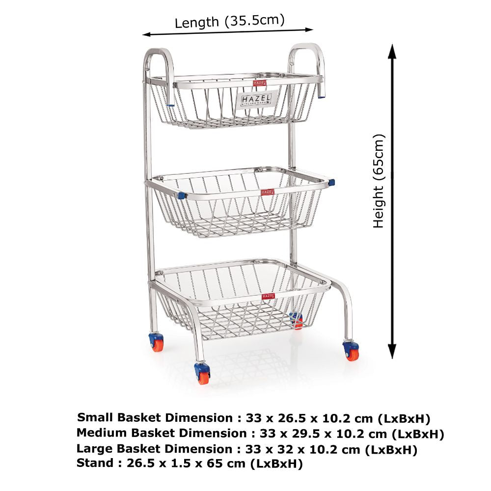 Stainless Steel 3-Layer Fruit & Vegetable Basket Trolley with Wheels, 26 Inches