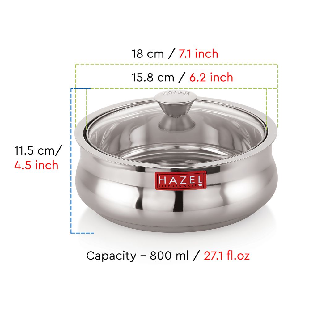 Casserole with lid annotated with dimensions 18cm and 7.1in outer width, 15.8cm and 6.2in inner width, 11.5cm.