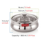 Casserole with lid annotated with dimensions 18cm and 7.1in outer width, 15.8cm and 6.2in inner width, 11.5cm.