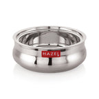 Empty stainless steel casserole shown without its lid, on a white background.