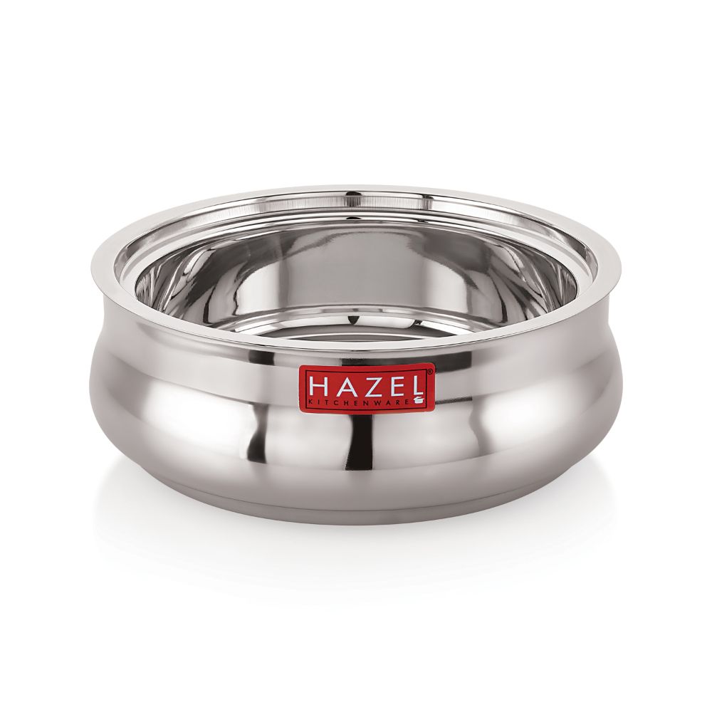 Empty stainless steel casserole shown without its lid, on a white background.