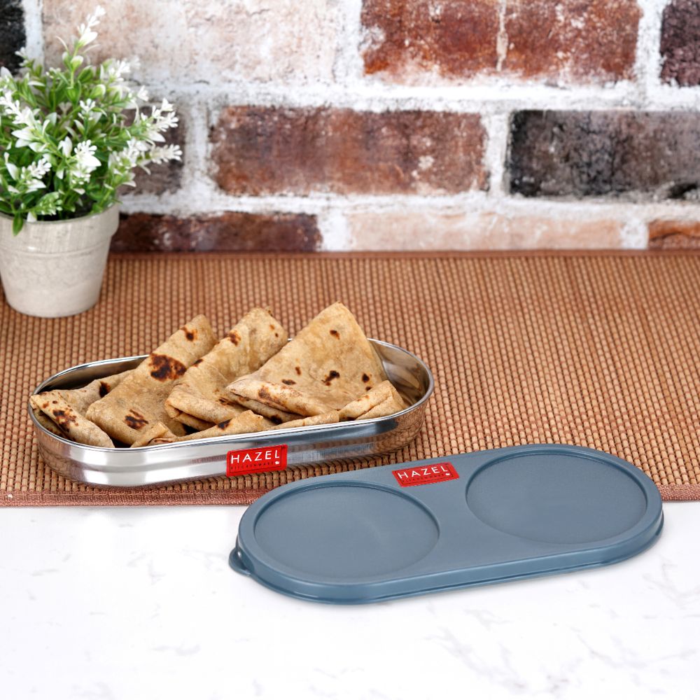 Oval Stainless Steel Roti Box/Puri Dabba With Leak Proof Lid