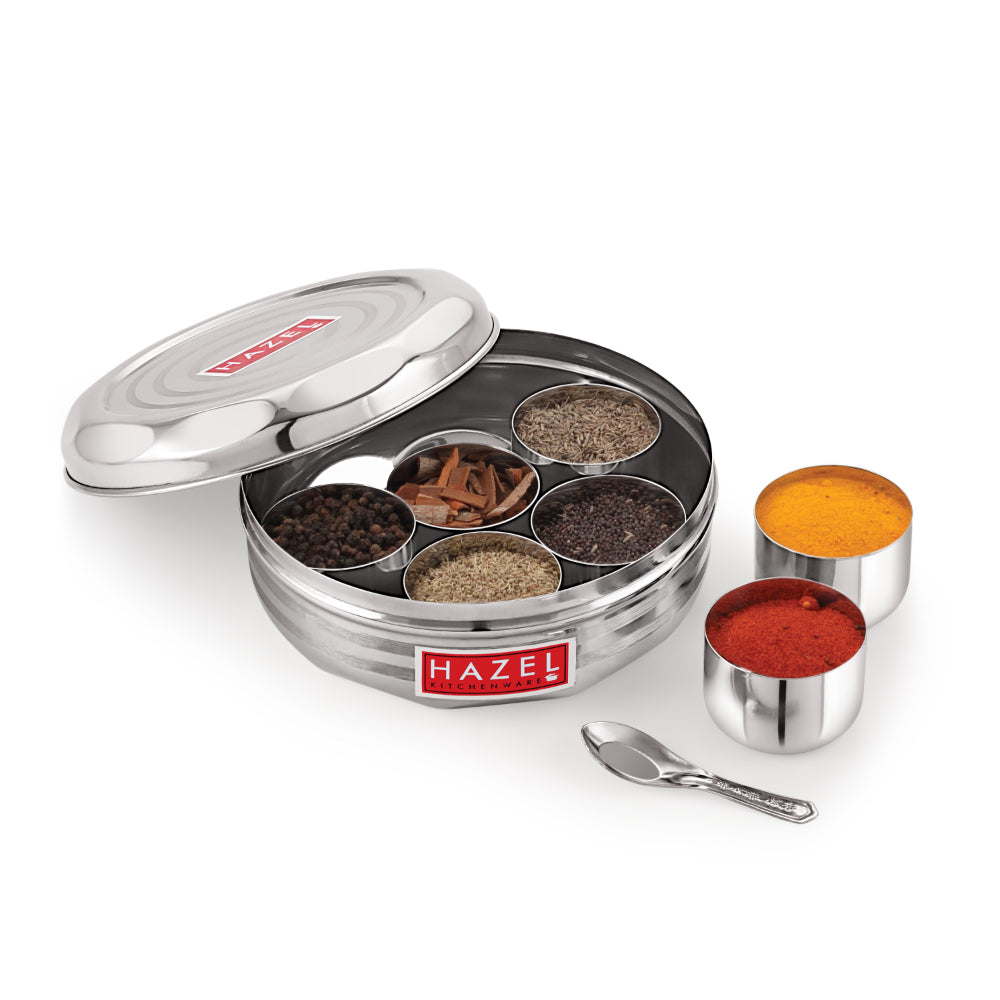 Stainless Steel Masala Dabba with Airtight Lid, 7 Containers and 1 Spoon