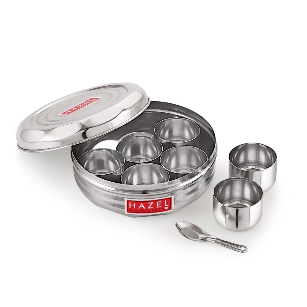 Stainless Steel Masala Dabba with Airtight Lid, 7 Containers and 1 Spoon