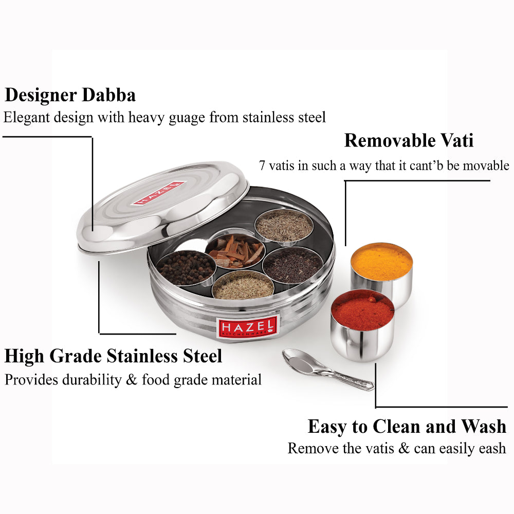 Stainless Steel Masala Dabba with Airtight Lid, 7 Containers and 1 Spoon