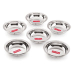 Six stainless steel snack bowls with red HAZEL labels arranged in a circular pattern on a white background.