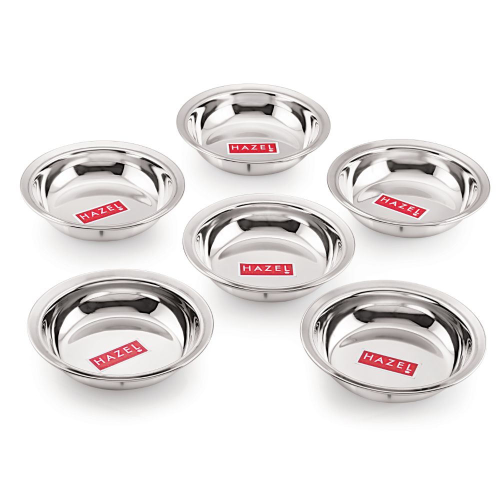 Six stainless steel snack bowls with red HAZEL labels arranged in a circular pattern on a white background.