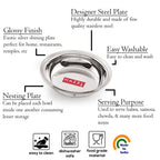 Feature callout graphic on a single bowl highlighting designer steel plate, glossy finish, easy washable