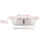 Single bowl shown with diameter and height dimension callouts (19 cm x 4.5 cm) and capacity 600 ML.