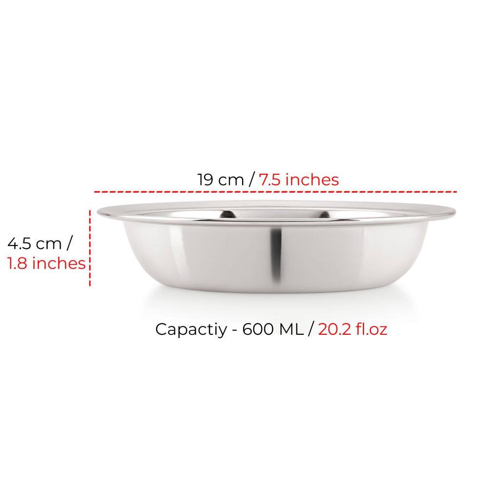 Single bowl shown with diameter and height dimension callouts (19 cm x 4.5 cm) and capacity 600 ML.