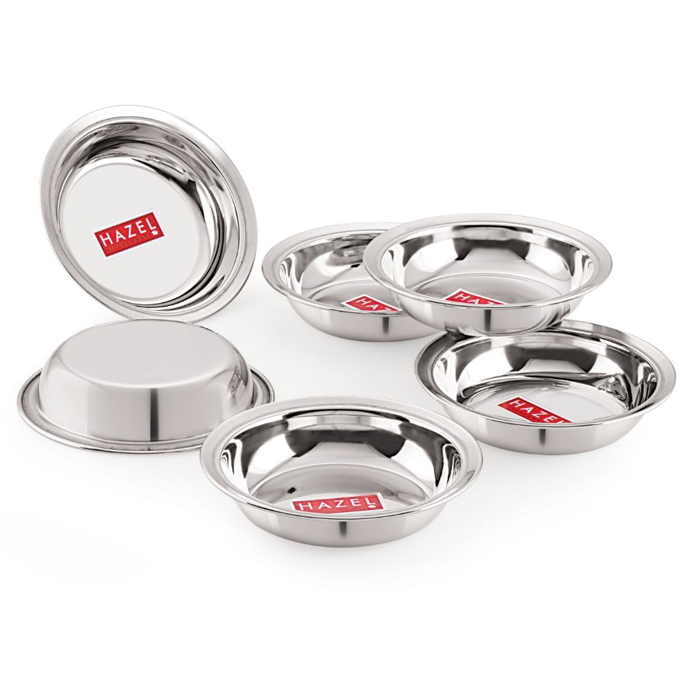 Six stainless steel snack bowls nested and fanned out to show stacking, on a white background.