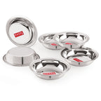 Six stainless steel snack bowls nested and fanned out to show stacking, on a white background.
