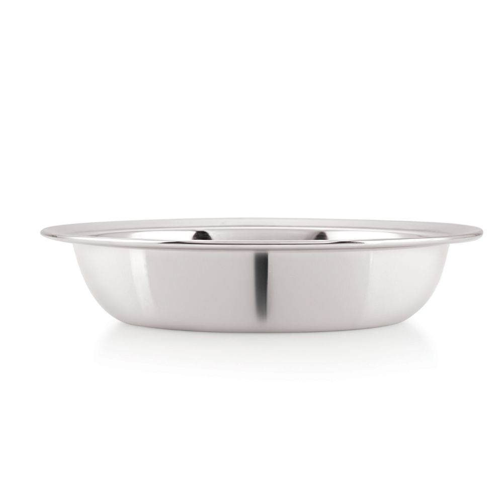 Single stainless steel snack bowl shown in side profile, clean shot on plain white background.