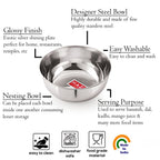 Feature callouts describe the designer steel bowl, glossy finish, nesting design, easy washability