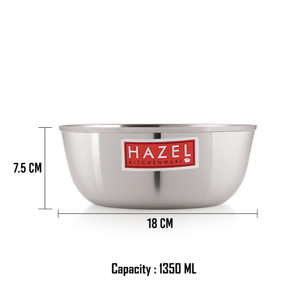 A single bowl is annotated with a height of 7.5 cm, diameter of 18 cm, and capacity of 1350 ML.