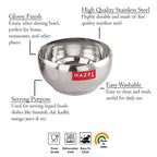 labeling the bowl's exotic finish, stainless steel, serving purpose, and easy washable features with icons.