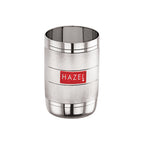 Single empty steel drinking glass with ribbed bands, front view on a plain white background.