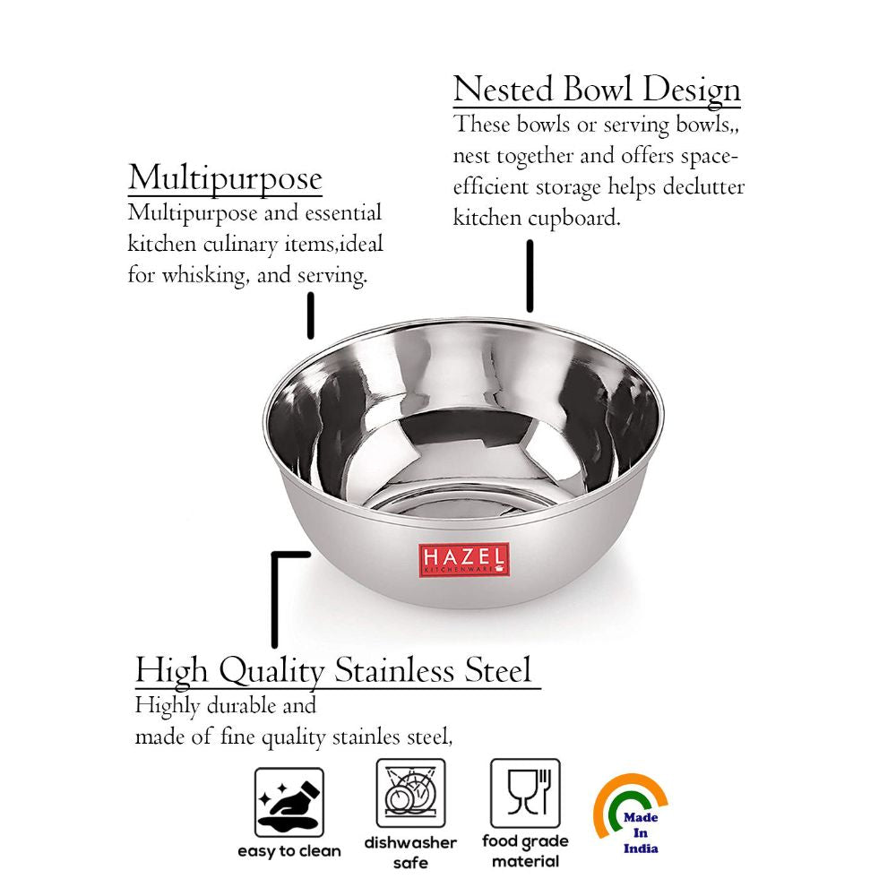 nested bowl design, multipurpose culinary use, and stainless steel with and dishwasher-safe icons.