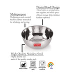 nested bowl design, multipurpose culinary use, and stainless steel with and dishwasher-safe icons.