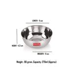 Bowl annotated with length (11cm), height (4.3cm), and breadth (11cm) measurements, weight 90 grams, capacity 270ml.
