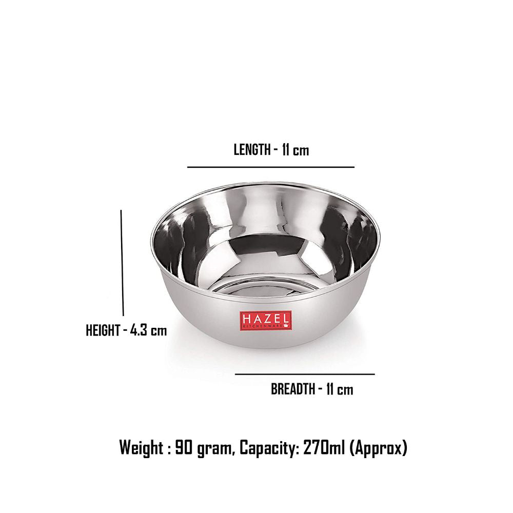 Bowl annotated with length (11cm), height (4.3cm), and breadth (11cm) measurements, weight 90 grams, capacity 270ml.
