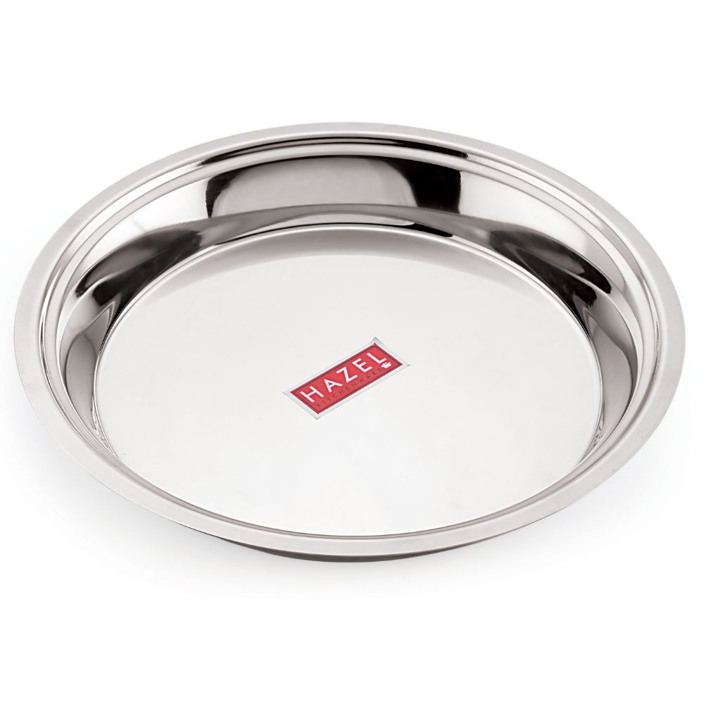 The empty stainless steel parat viewed from directly above on a plain white background.