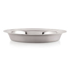 The parat shown in side profile, emphasizing its shallow depth and rolled rim, on a plain white background.