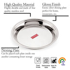 The parat with callouts for durable stainless steel, glossy finish, and nesting-plate storage, plus care icons.