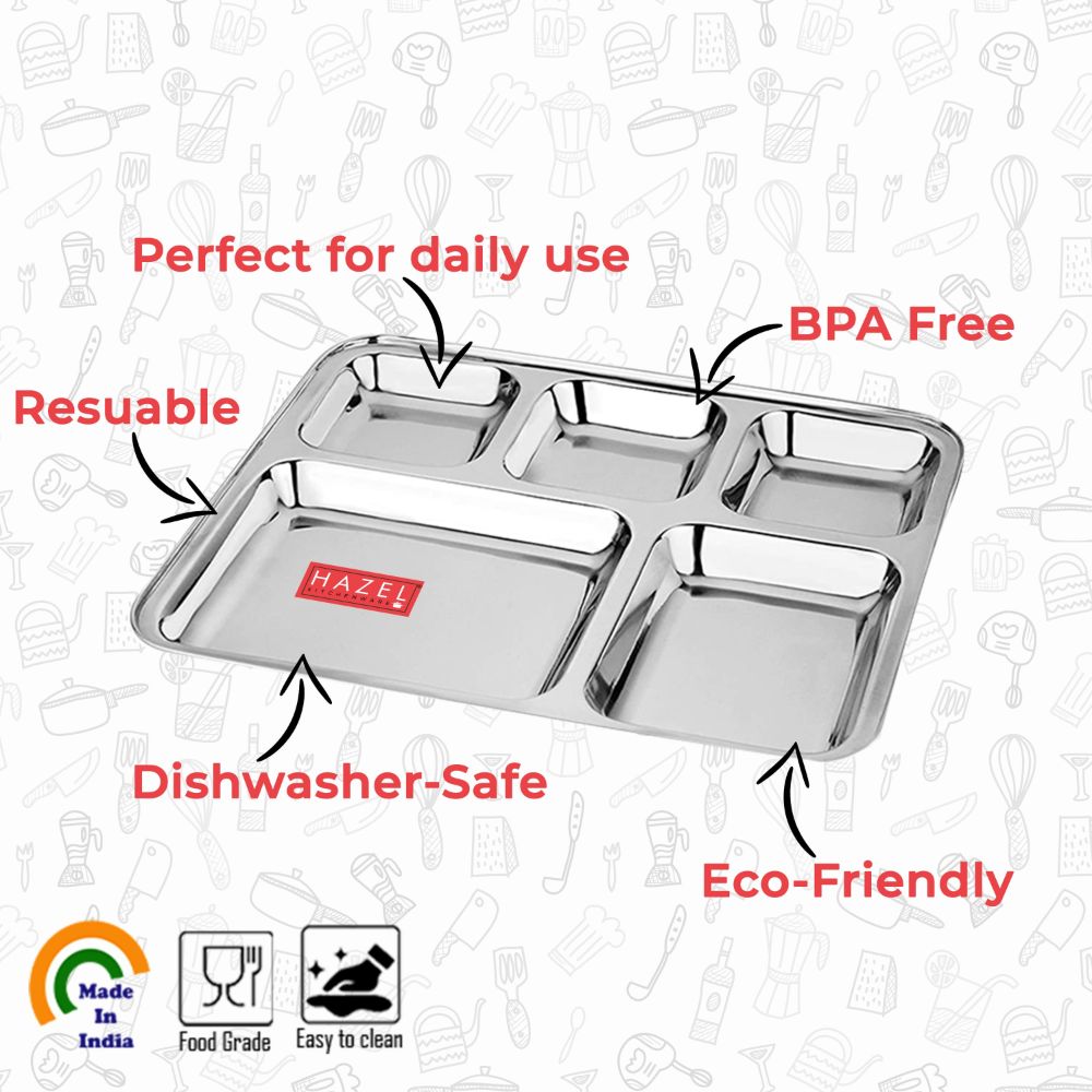 Rectangle Stainless Steel 5 Compartment Mess Plate