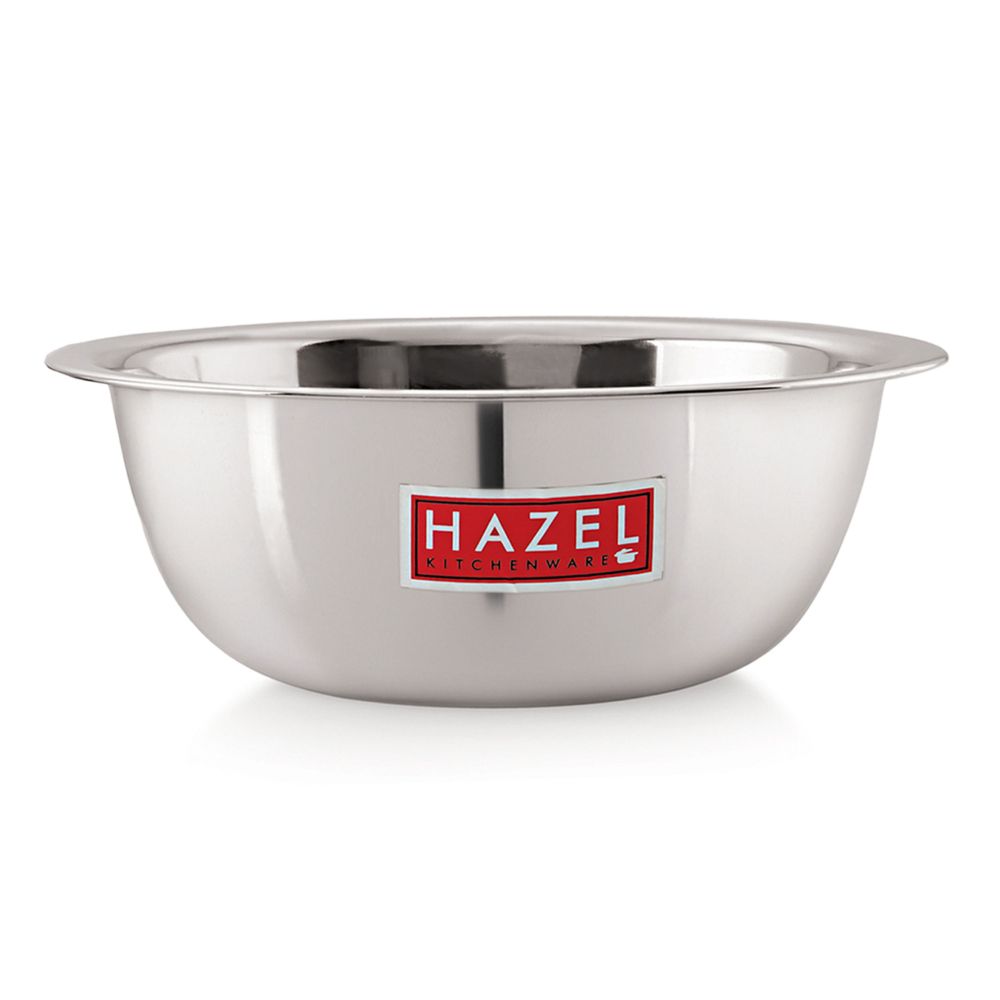 Empty stainless steel mixing bowl shown front-on with the HAZEL logo visible.