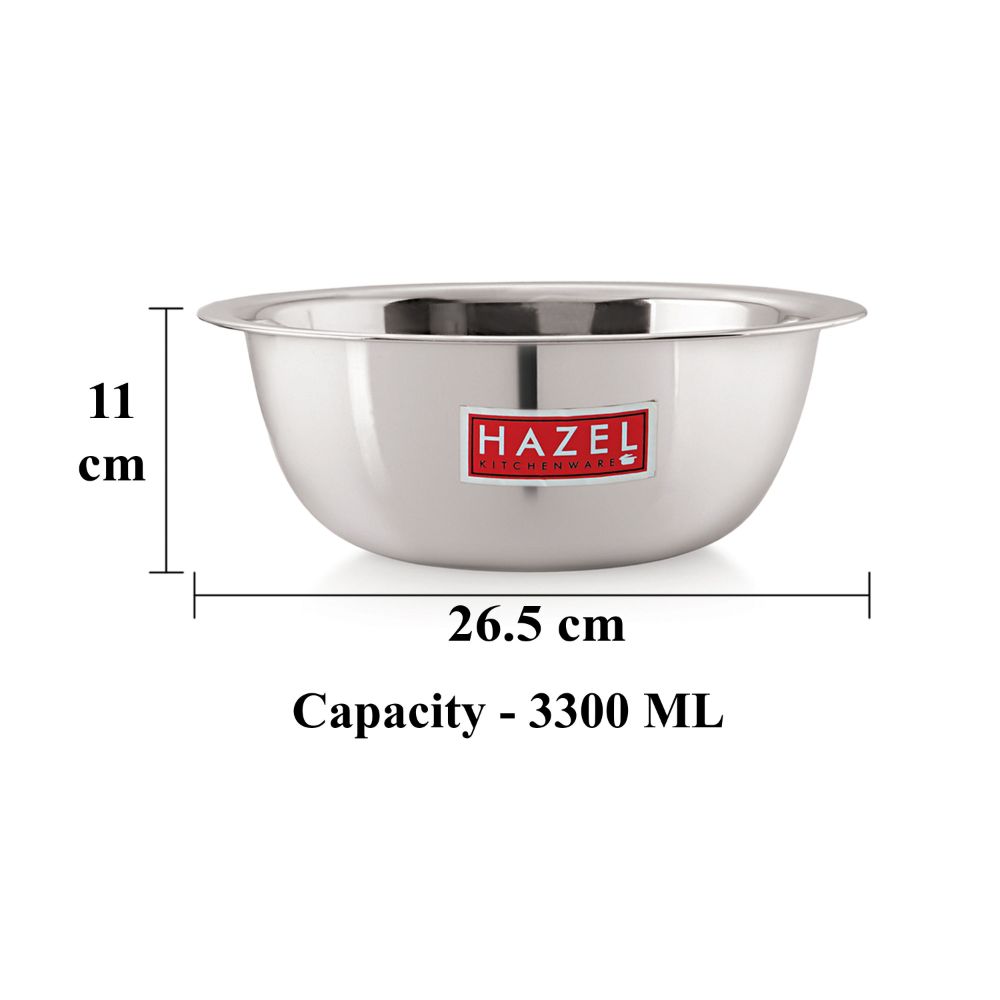 Bowl annotated with height 11 cm, diameter 26.5 cm and capacity 3300 ML.