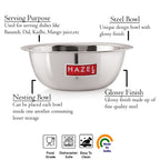 The bowl with callouts for its serving purpose, unique steel bowl design, nesting capability, and glossy finish.